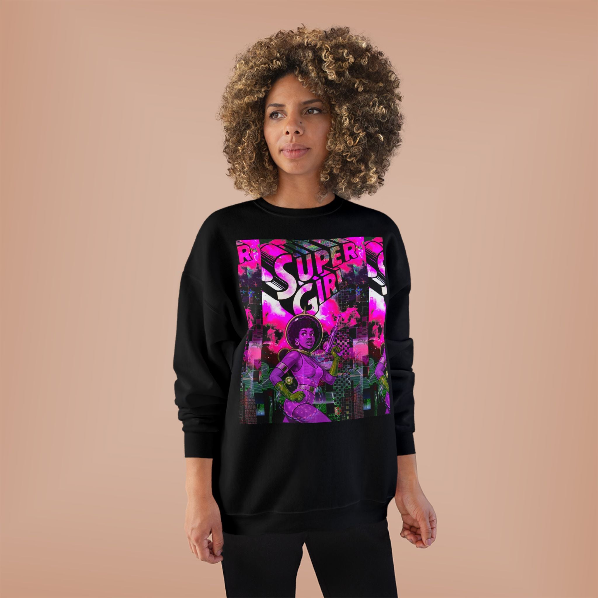 Super Girl Crewneck Sweatshirt — Retro Neon Comic Graphic