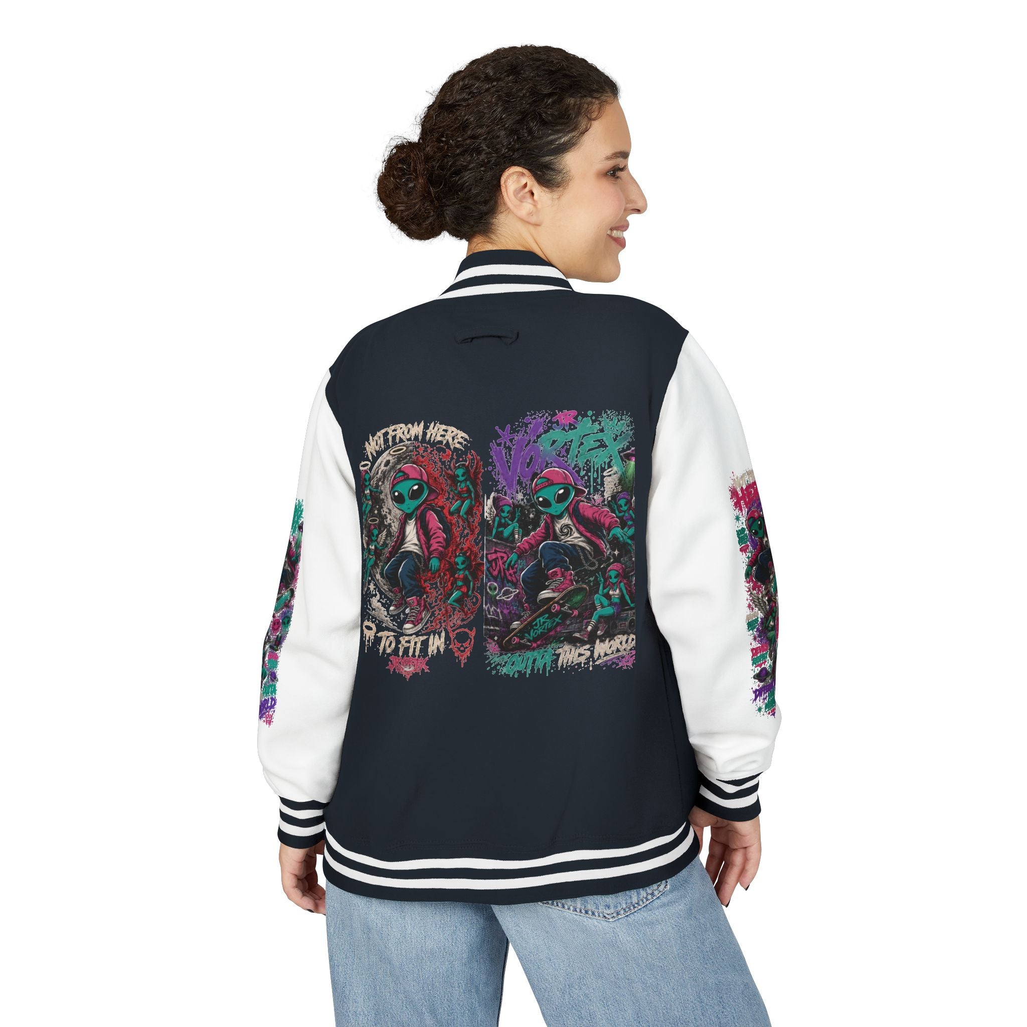 Letterman Jacket — Neon Alien Skull Graphic Varsity Jacket