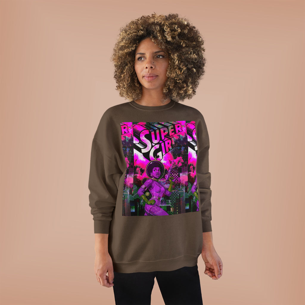 Super Girl Crewneck Sweatshirt — Retro Neon Comic Graphic