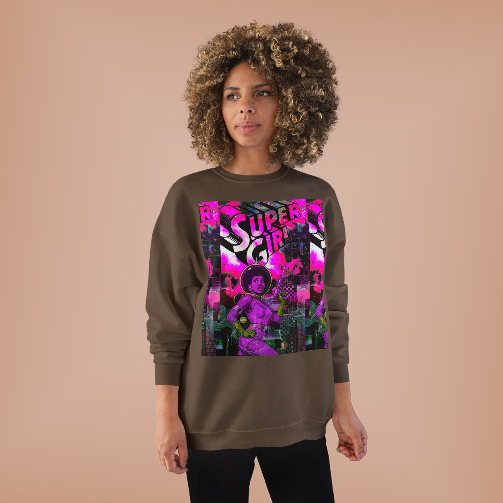 Super Girl Crewneck Sweatshirt — Retro Neon Comic Graphic