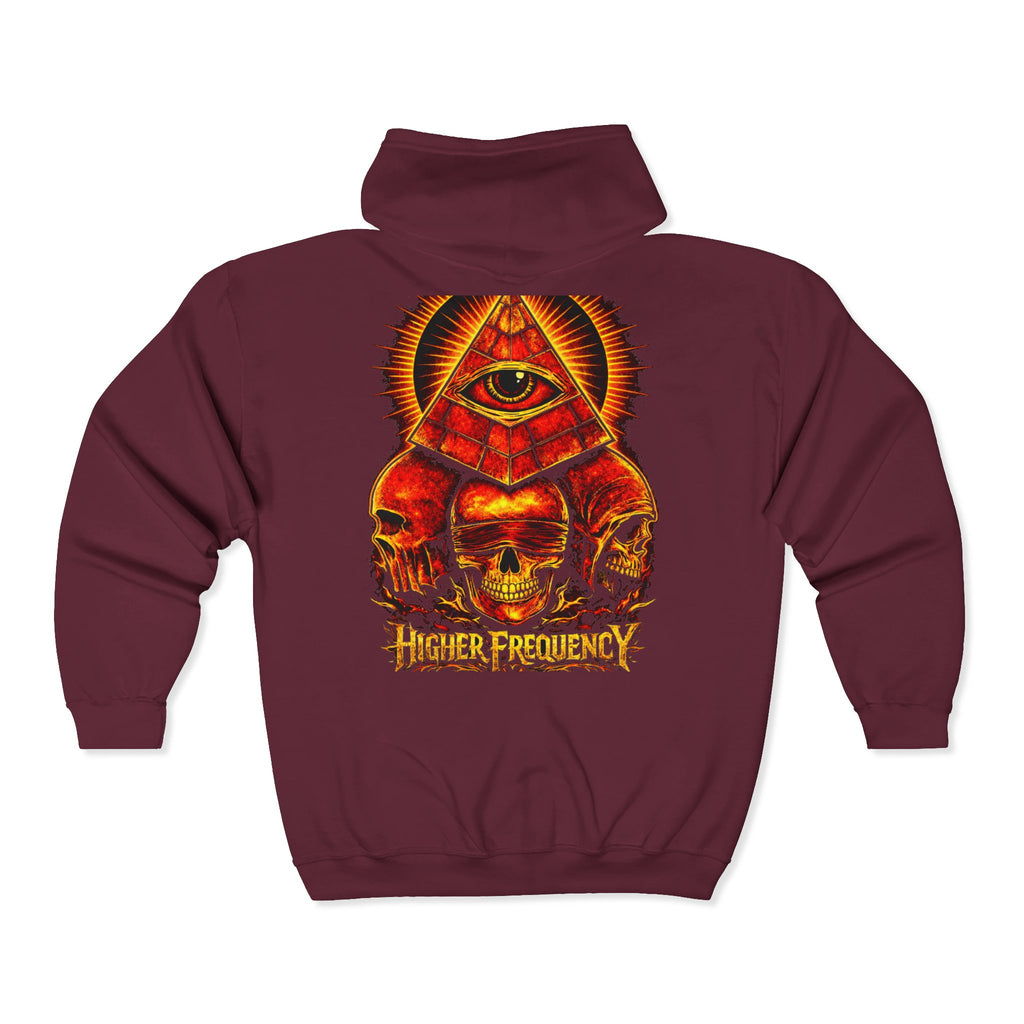 Illuminated Skull Zip Hoodie — All-Seeing Eye Graphic Back Printify