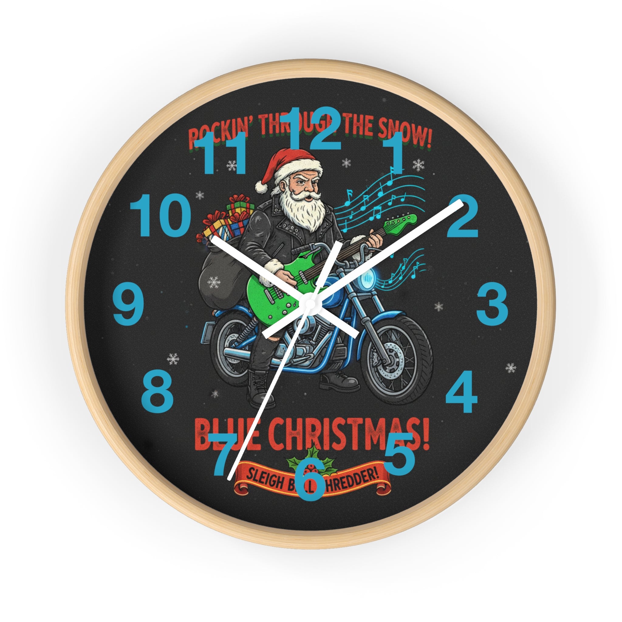 Blue Christmas Motorcycle Santa Wall Clock — 'Rockin' Through The Snow' Holiday Decor