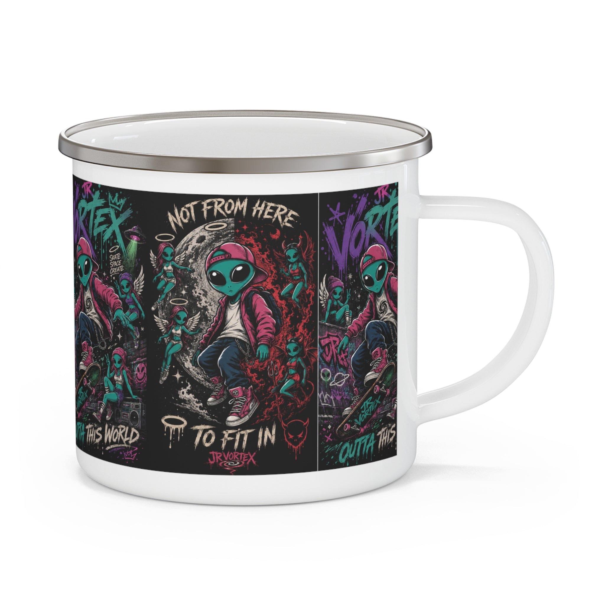 Enamel Mug — 'Not From Here' Skateboarding Alien Graphic Camper Cup
