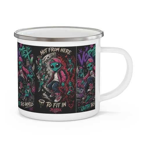 Enamel Mug — 'Not From Here' Skateboarding Alien Graphic Camper Cup