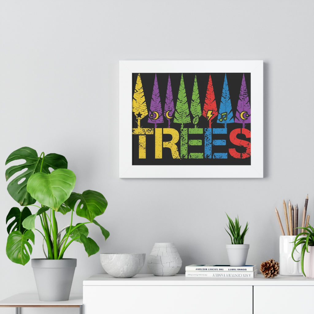 Framed Poster - Colorful 'TREES' Graphic Art Print (Rainbow Forest, Retro Distressed)