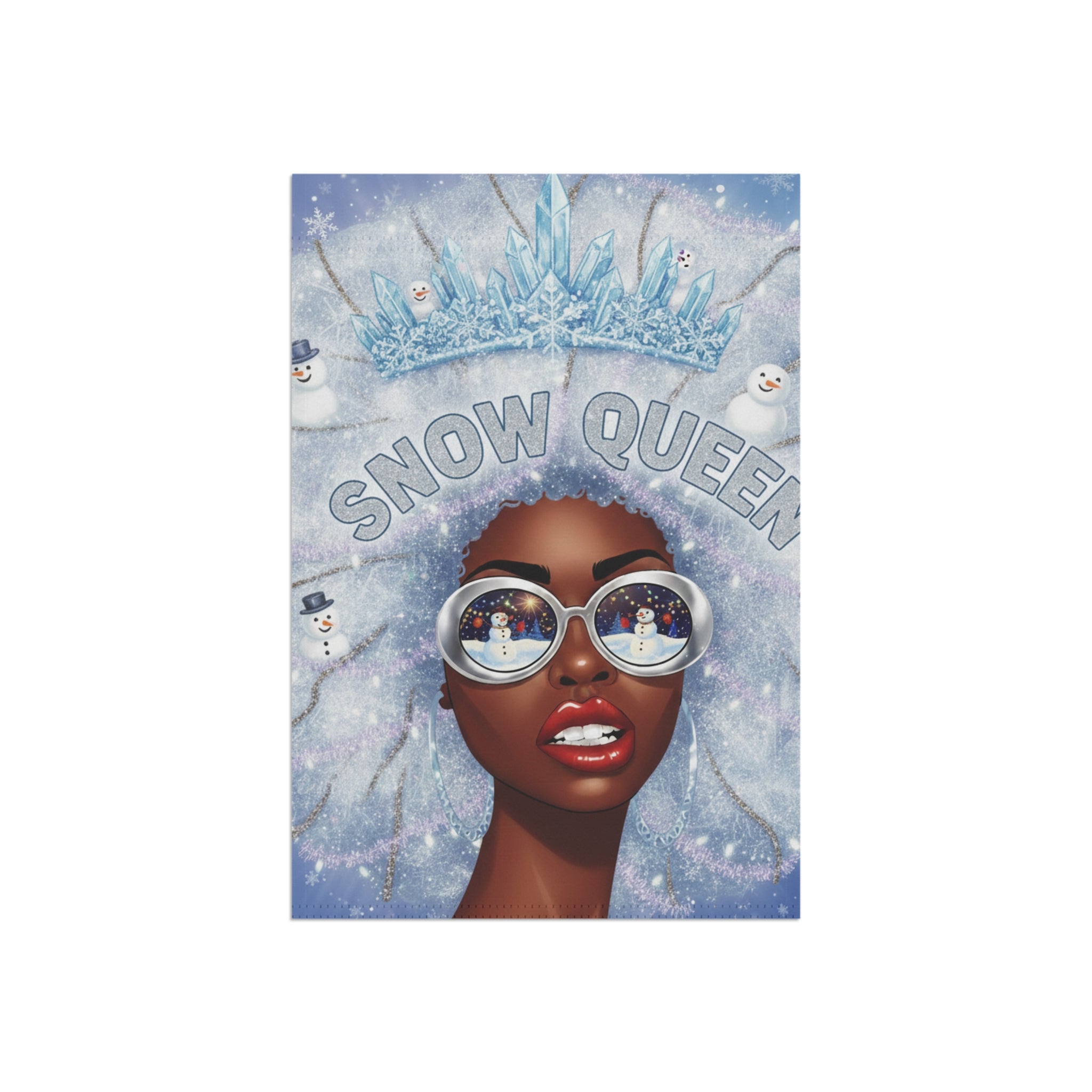 Snow Queen Garden Flag — Winter Decor Banner with Reflective Sunglasses Design