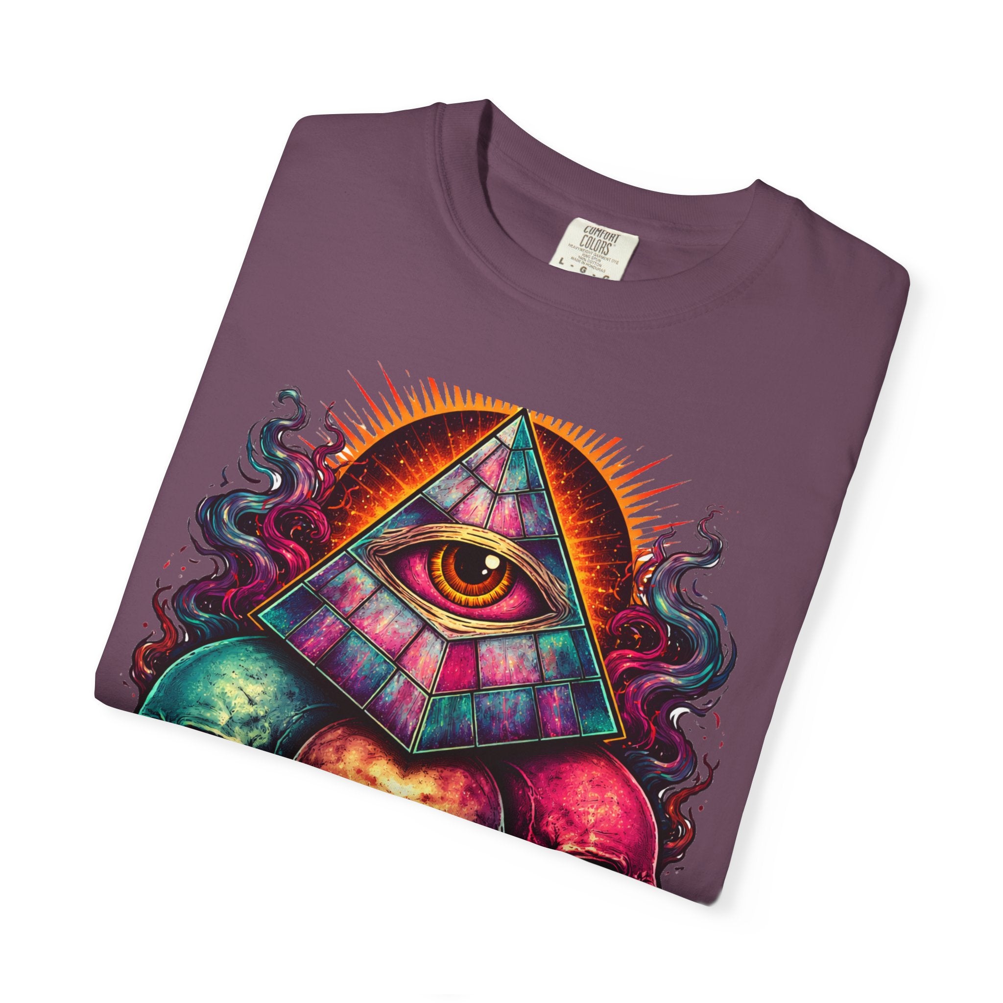 T-Shirt — Psychedelic All-Seeing Eye & Triple Skulls Graphic.       💀 i got make tags for for this Printify