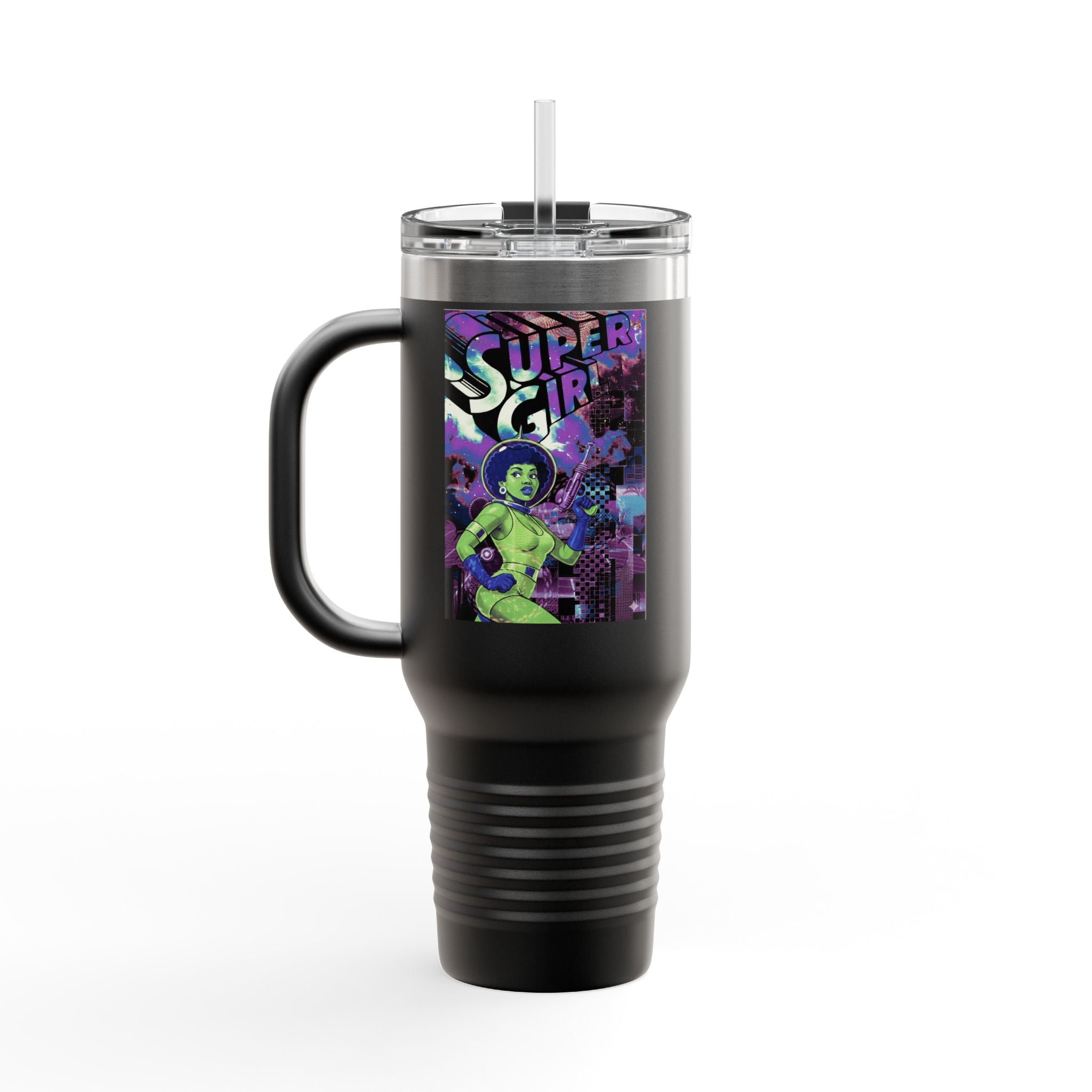 40oz Insulated Travel Mug — Neon 'Supergirl' Retro Comic Design