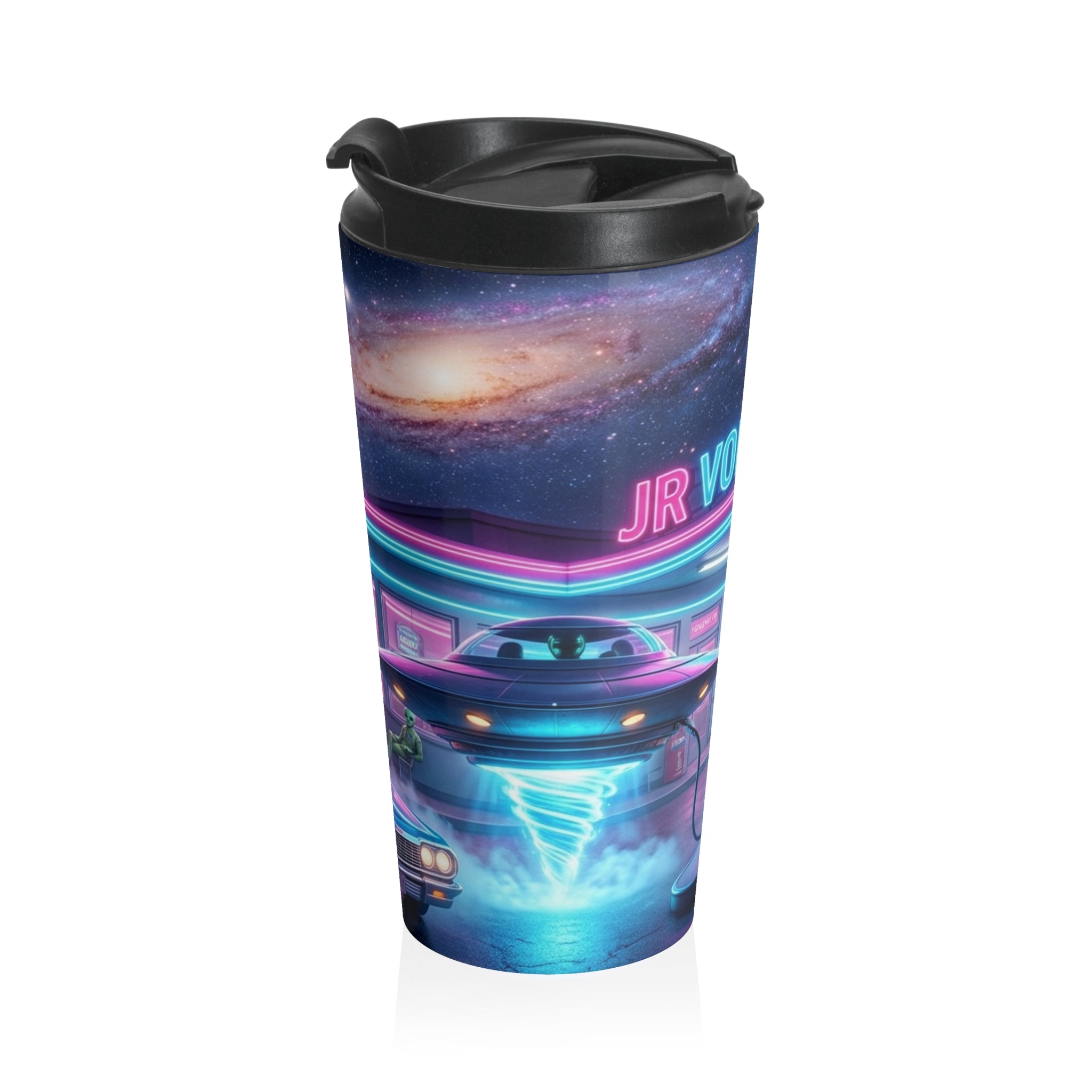 UFO Diner Stainless Steel Travel Mug — Retro Neon Space Vortex Design