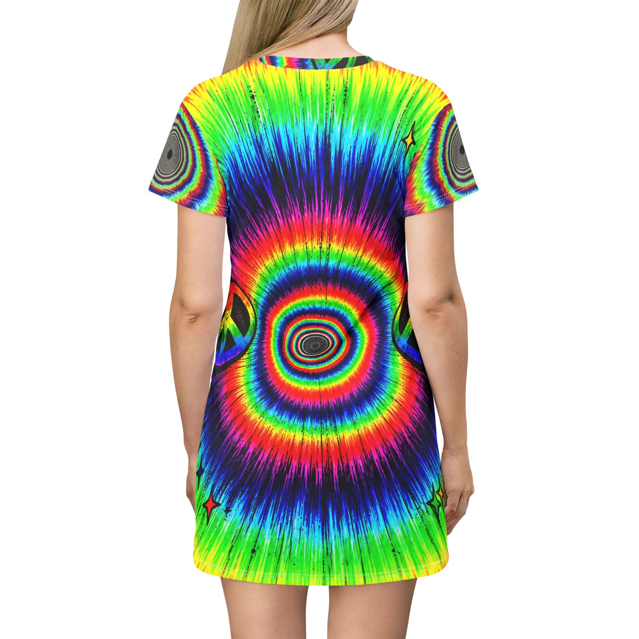 Good Vibes Only Stay Trippy Dress – Psychedelic Rainbow AOP Mini T-Shirt Dress