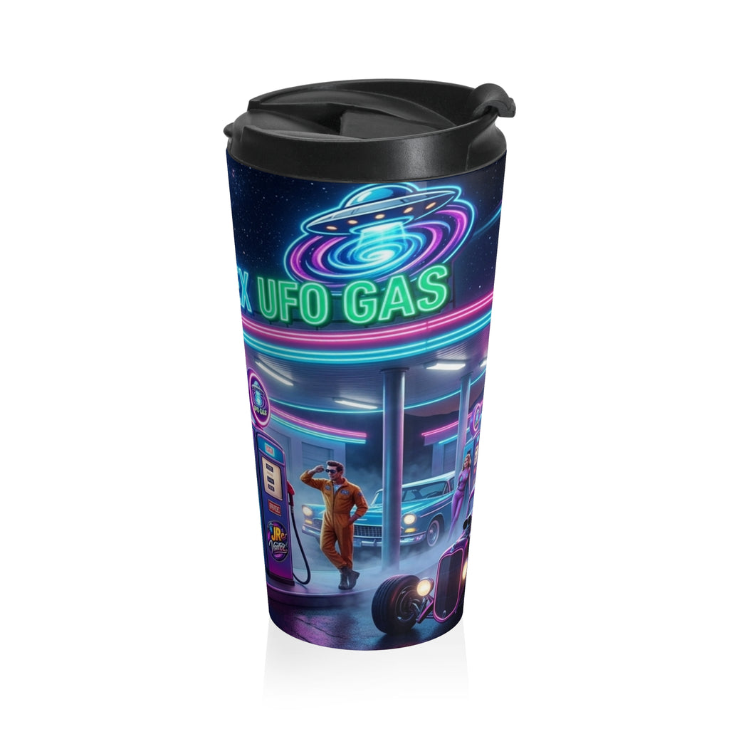UFO Diner Stainless Steel Travel Mug — Retro Neon Space Vortex Design