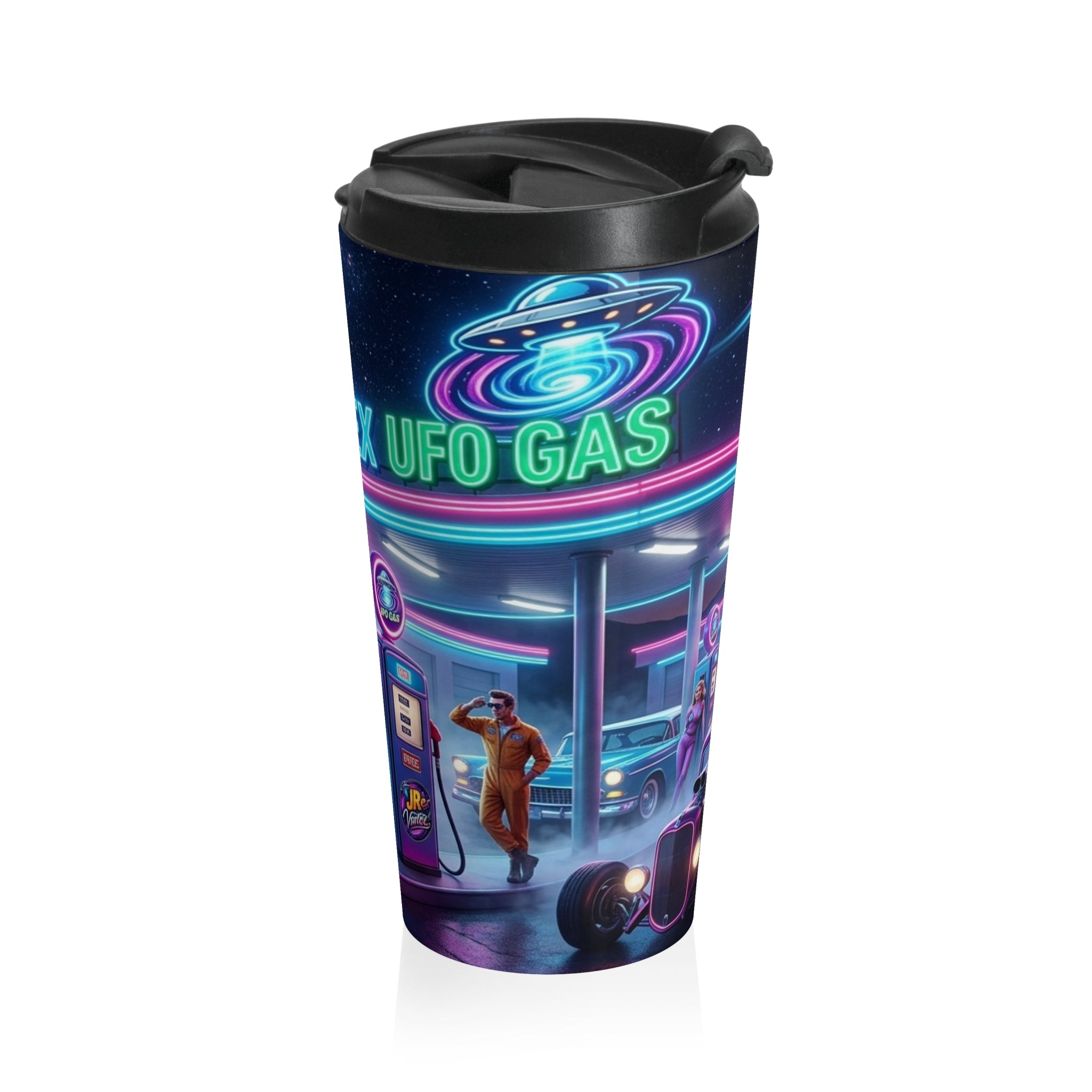UFO Diner Stainless Steel Travel Mug — Retro Neon Space Vortex Design