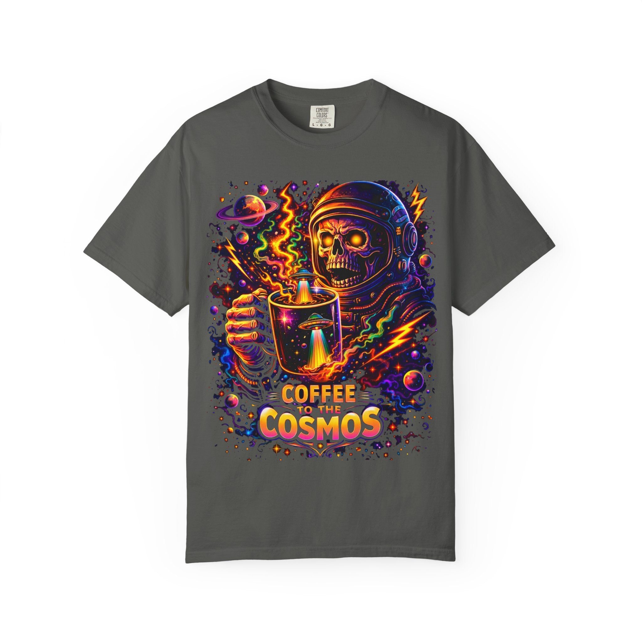 Coffee of the Cosmos T-Shirt — Neon Astronaut Skull Coffee Tee Printify