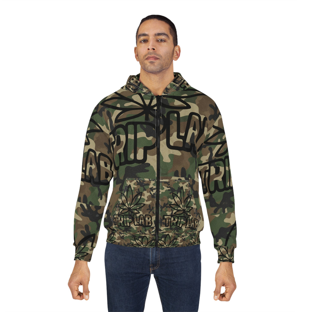 Camo 'TRIP LAB' Zip Hoodie with Leaf Graphic