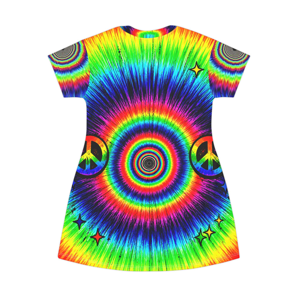 Good Vibes Only Stay Trippy Dress – Psychedelic Rainbow AOP Mini T-Shirt Dress
