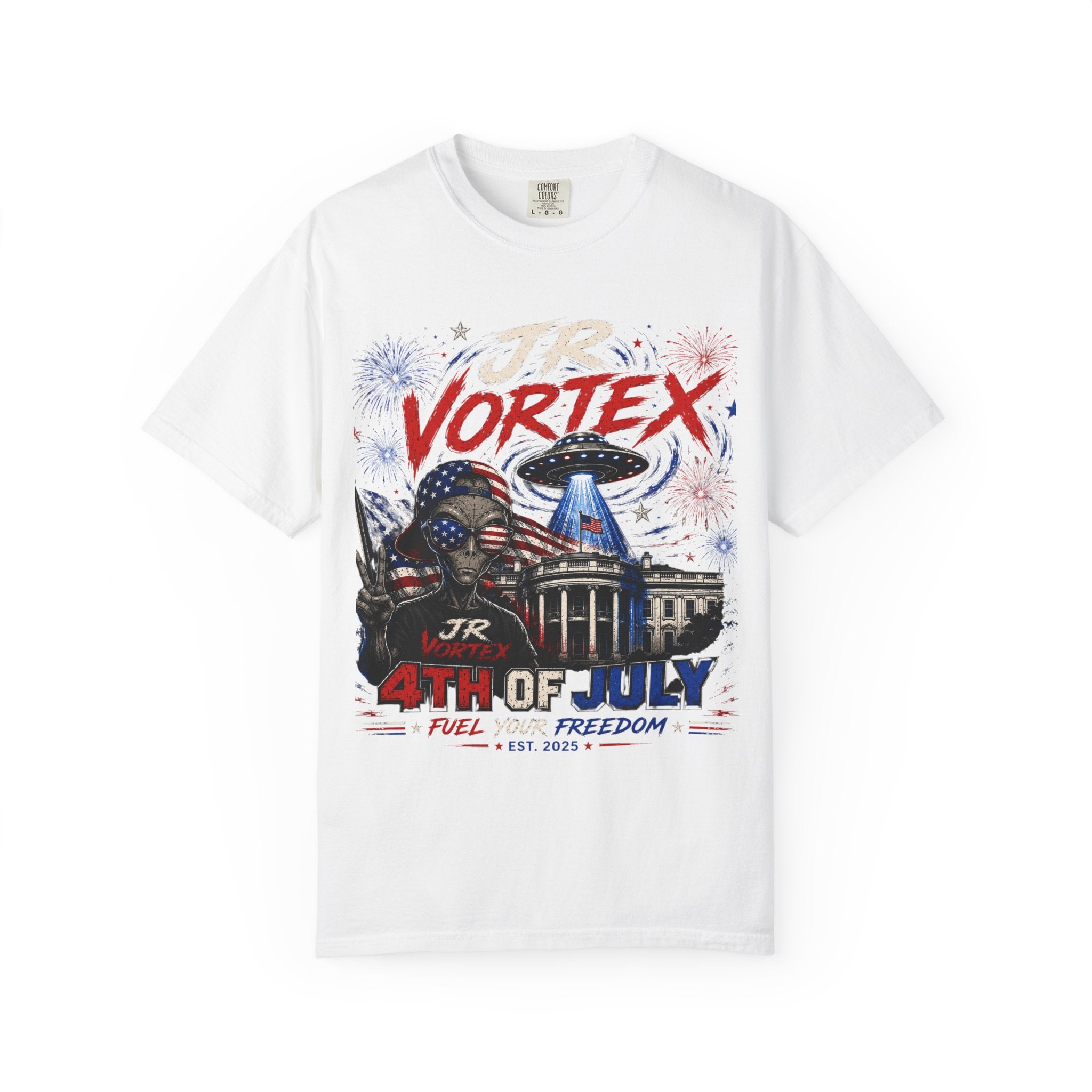 JR Vortex 4th of July UFO Tee — Cosmic Patriot Graphic