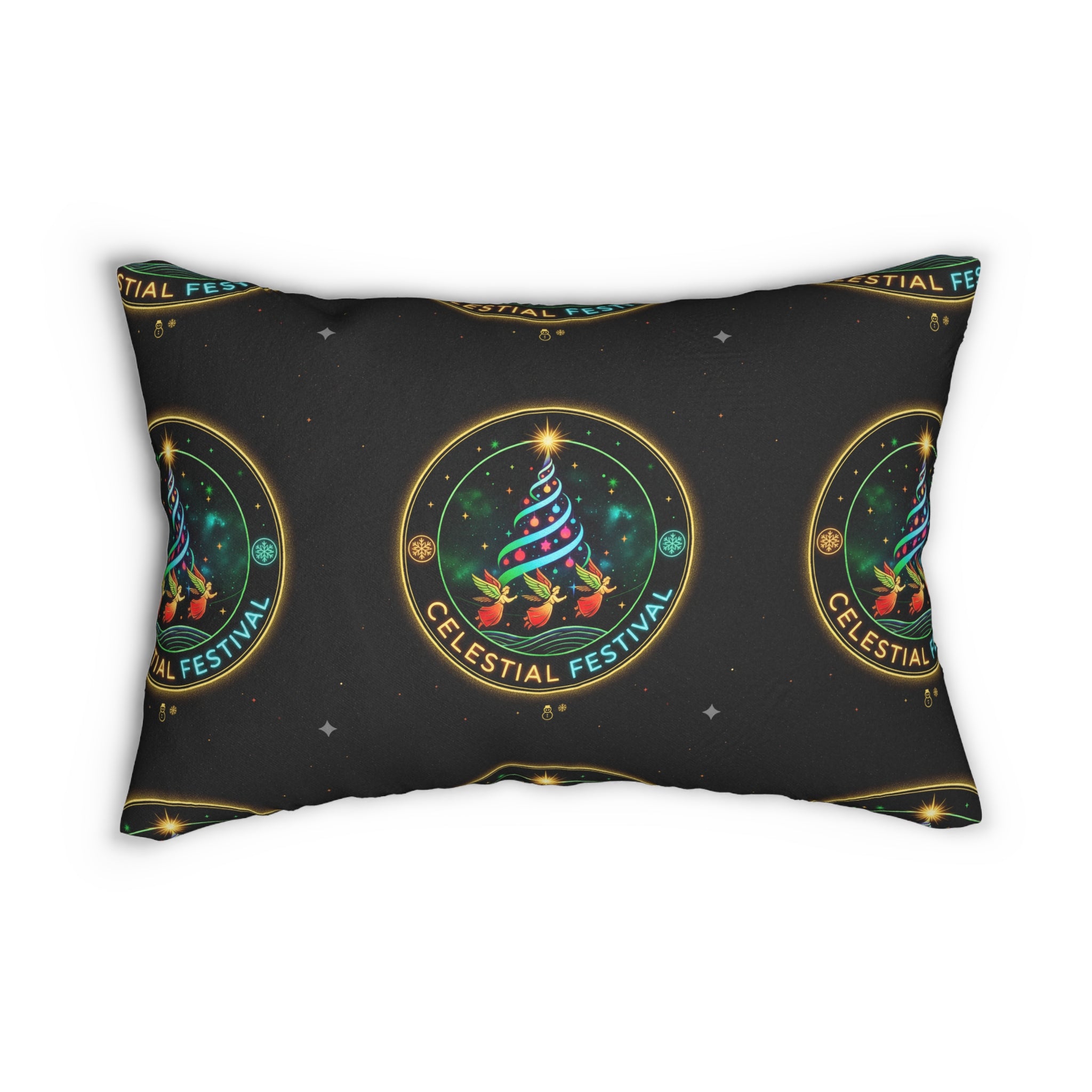 Celestial Festival Lumbar Pillow — Festive Night Sky Tree Accent Cushion