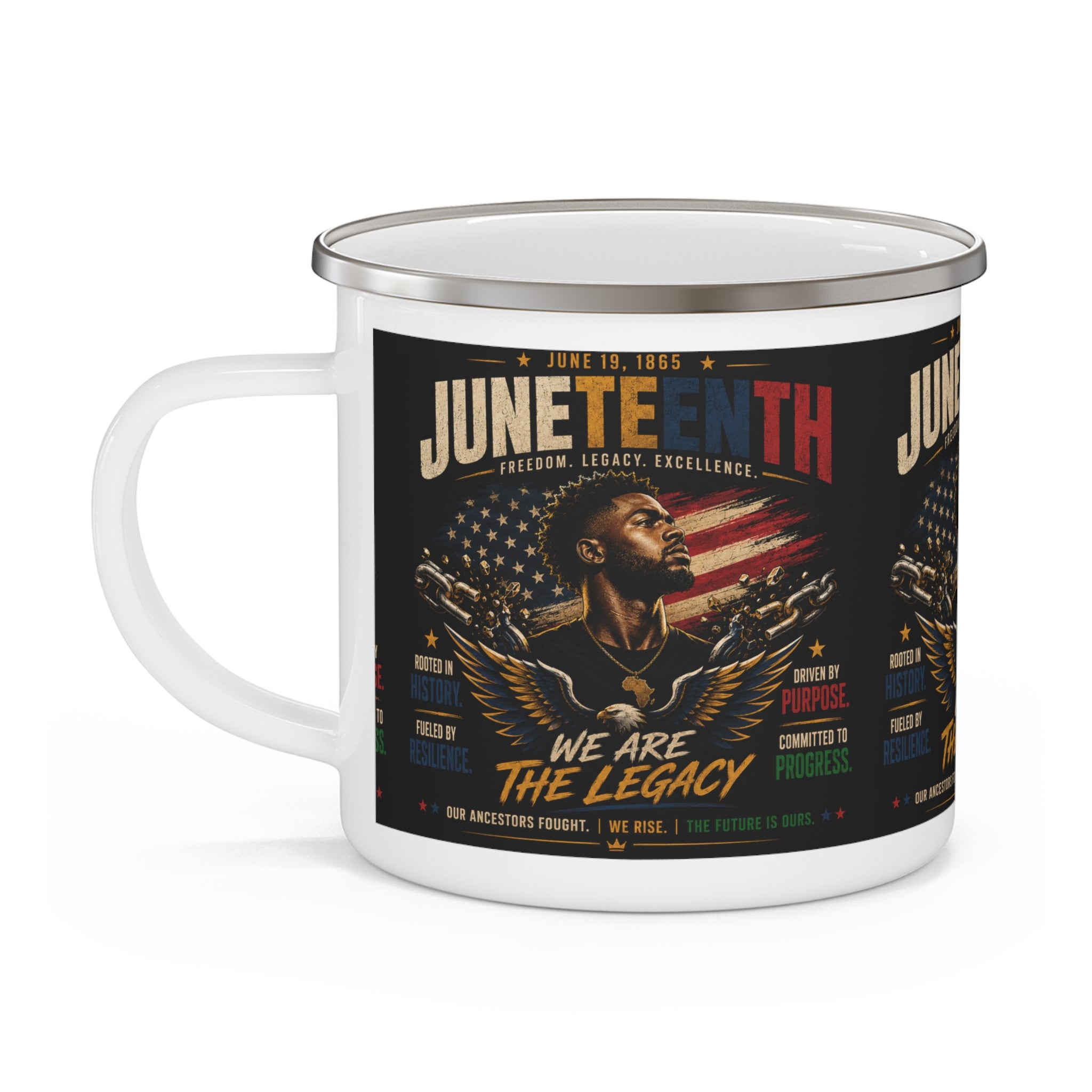 Juneteenth Enamel Camping Mug — "We Are The Legacy" Patriotic Celebration Cup
