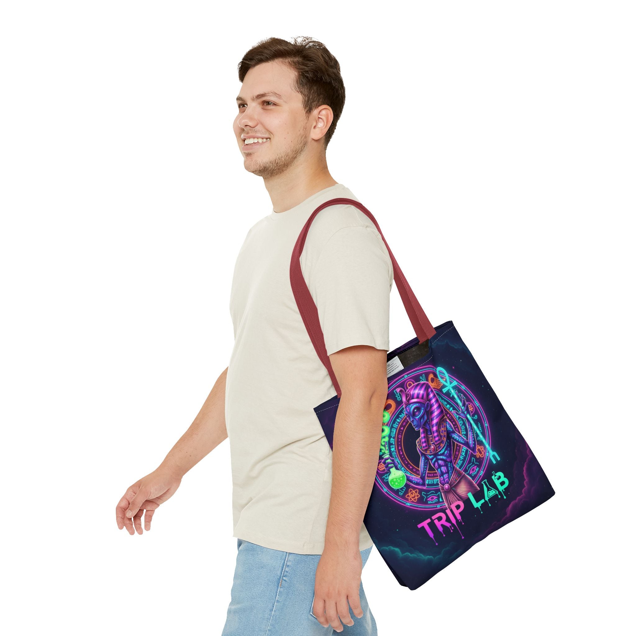 Psychedelic Trip Lab Tote Bag — Neon Ancient-Egypt Anubis All-Over Print