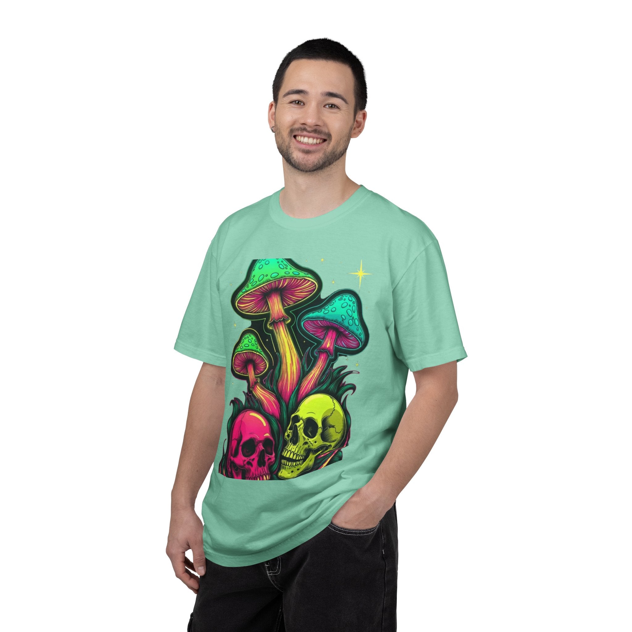 Psychedelic Mushroom & Skulls T-Shirt — Neon Trippy Graphic Tee