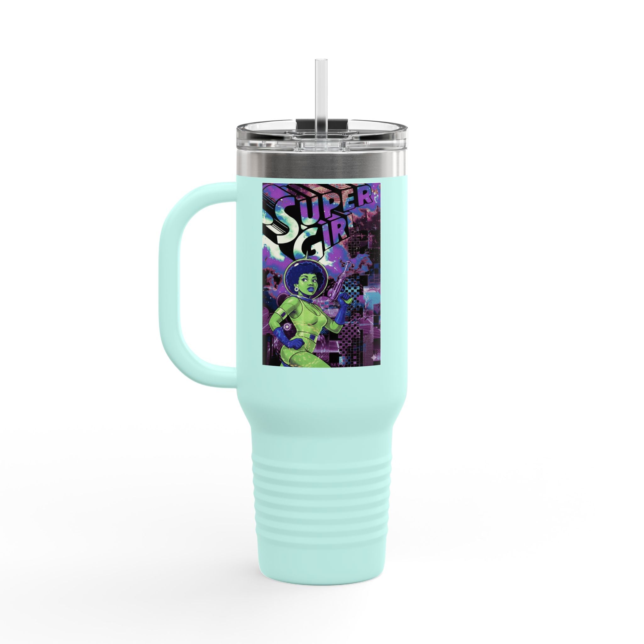 40oz Insulated Travel Mug — Neon 'Supergirl' Retro Comic Design