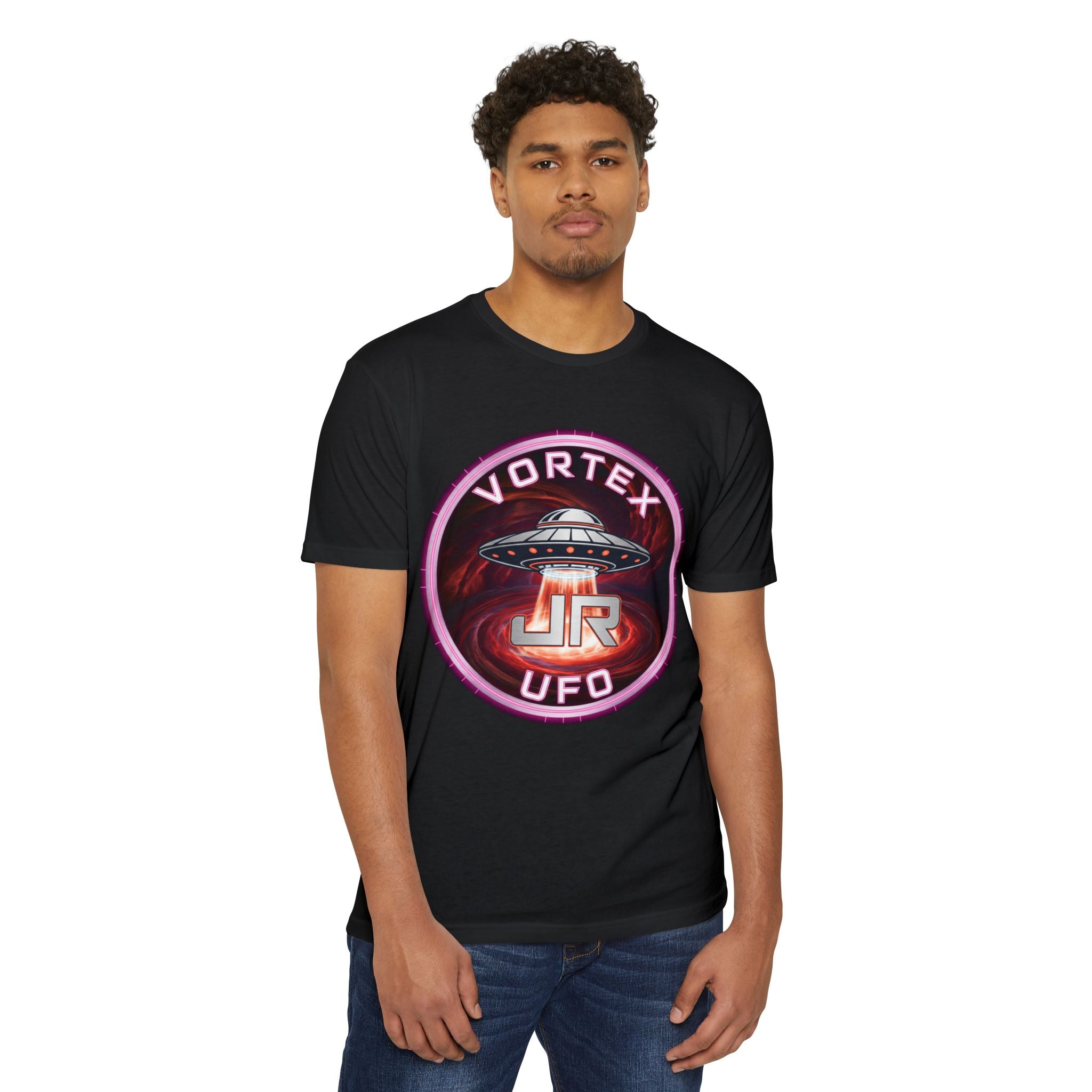 UFO Vortex Logo T-Shirt — Retro Alien Spacecraft Graphic Tee Printify
