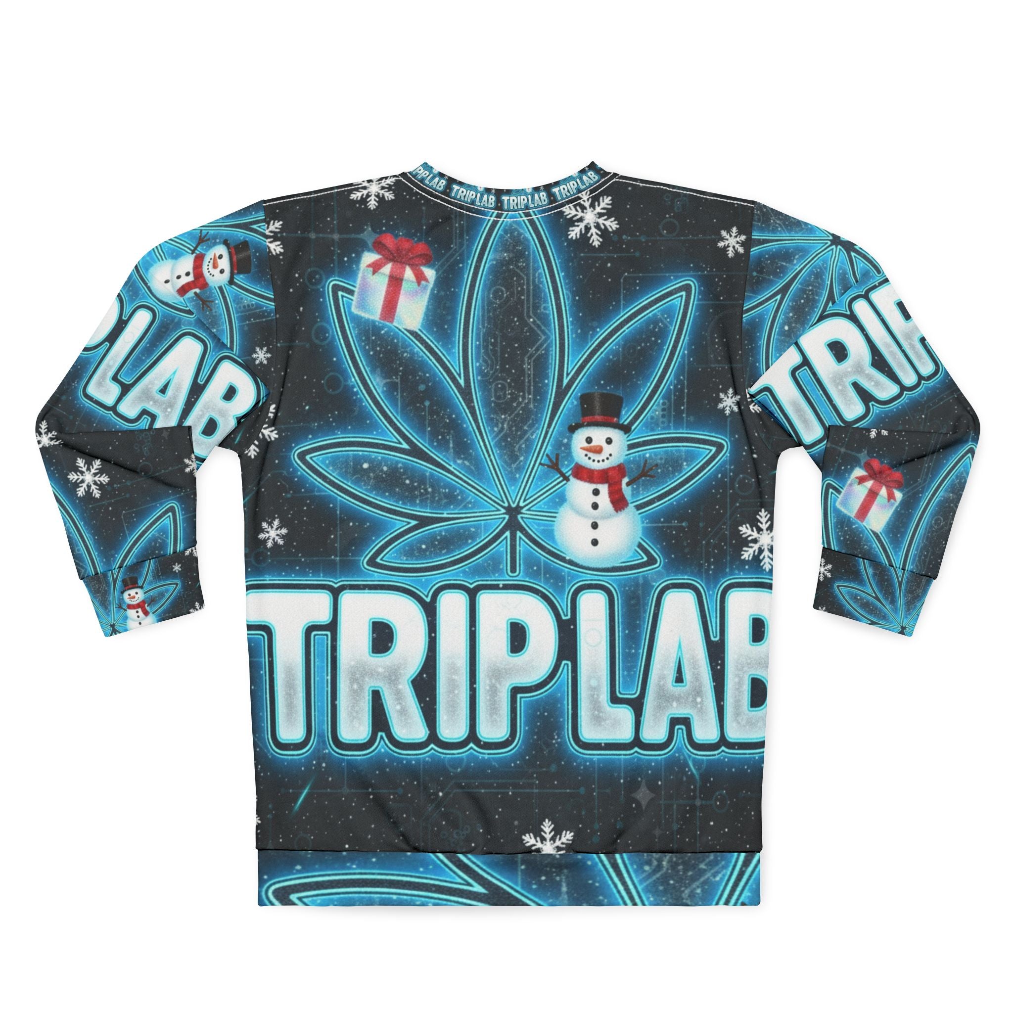 TripLab Holiday Graphic Sweatshirt — Blue Cannabis🎁❄️ Leaf & Snowman All-Over Print
