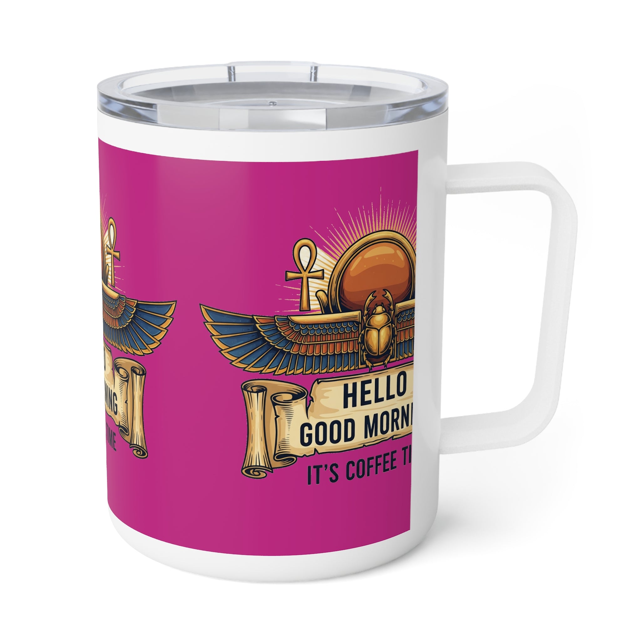 Hello Good Morning Coffee Mug — 10oz Insulated Travel Tumbler with Egyptian Scarab Sunrise Design