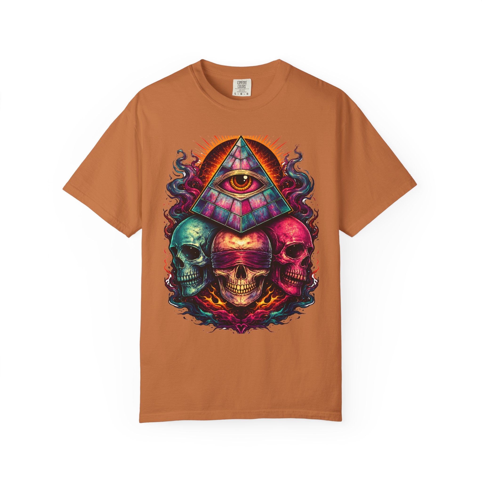 T-Shirt — Psychedelic All-Seeing Eye & Triple Skulls Graphic.       💀 i got make tags for for this Printify