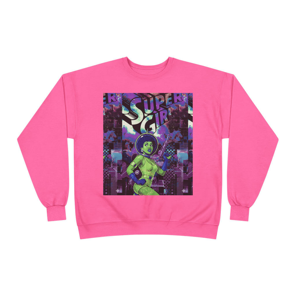 Retro Sci‑Fi 'Supergirl' Graphic Sweatshirt — Neon Space Comic Crewneck