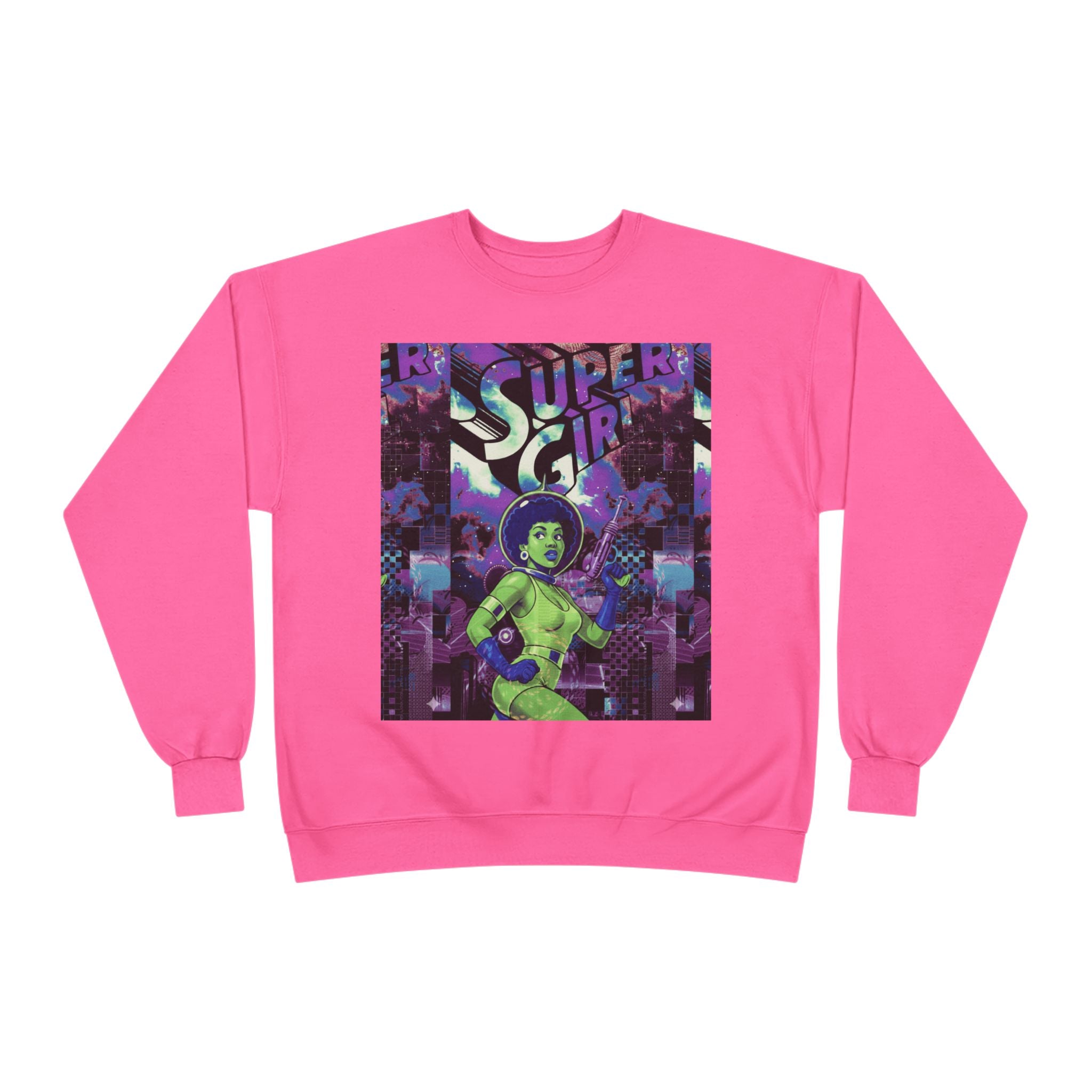 Retro Sci‑Fi 'Supergirl' Graphic Sweatshirt — Neon Space Comic Crewneck
