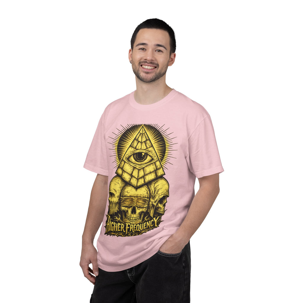 Higher Frequency Pyramid Eye T-Shirt — Occult Skull Graphic Tee Printify