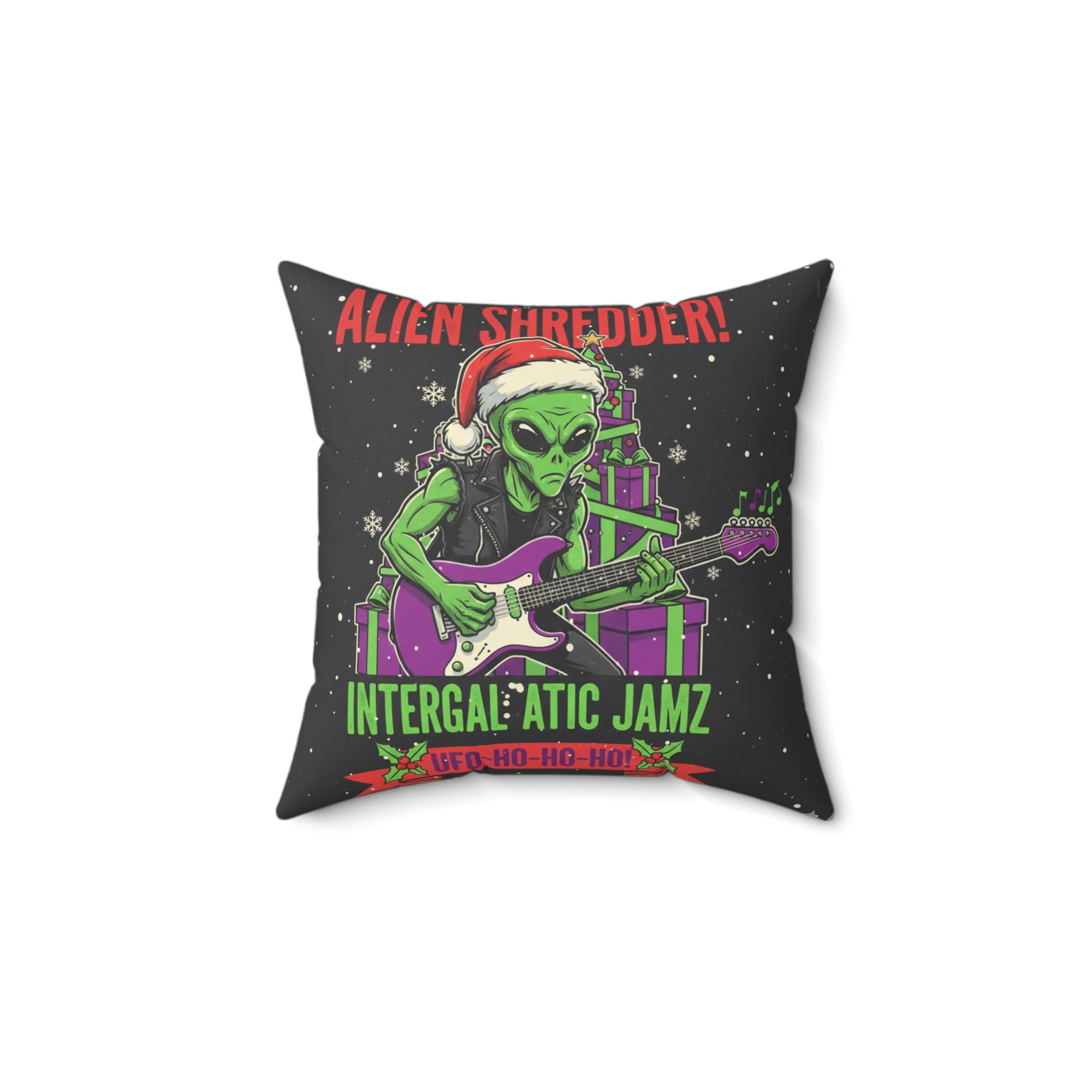 Alien Shredder Christmas Pillow — “Intergalactic Jamz” Guitarist Holiday Throw Pillow