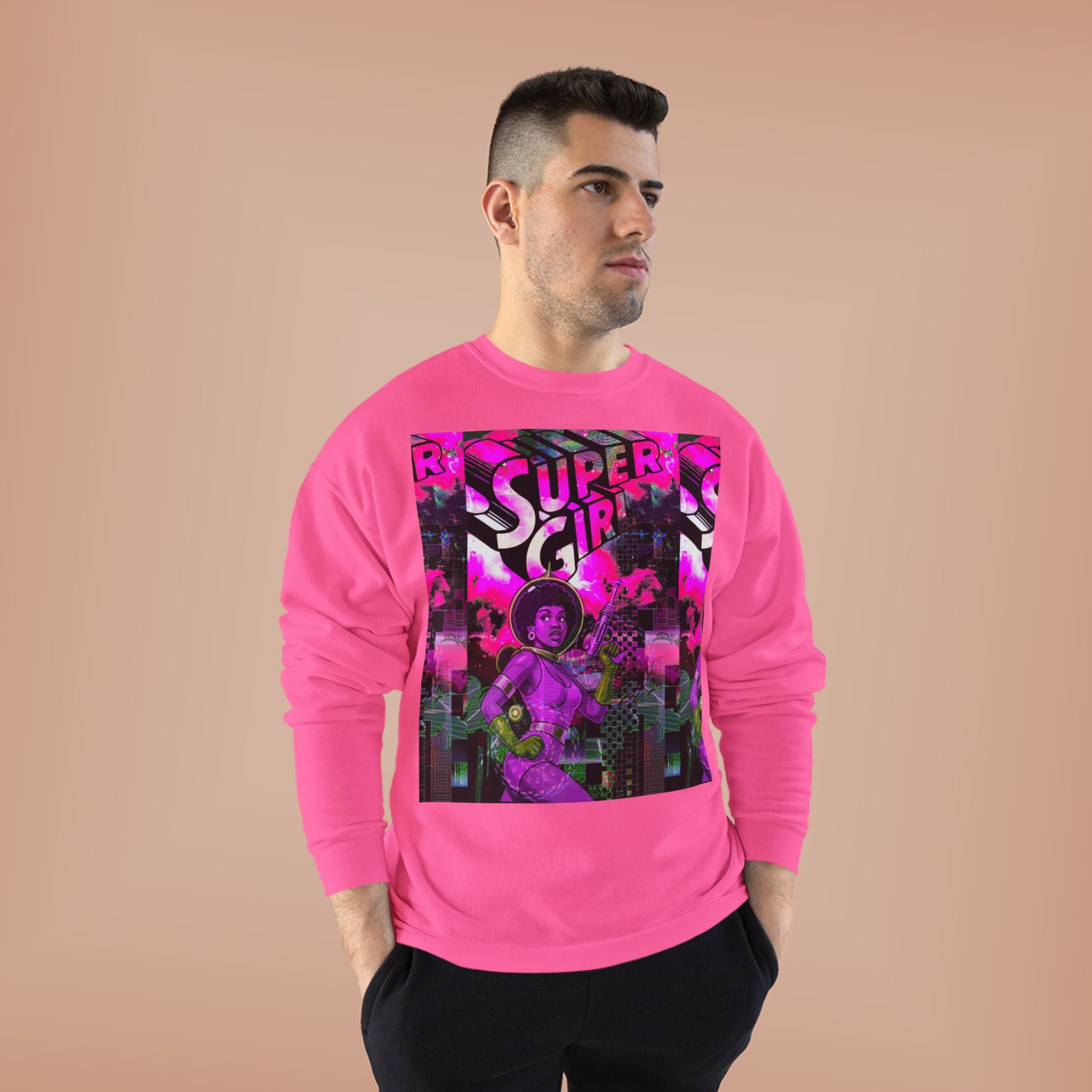 Super Girl Crewneck Sweatshirt — Retro Neon Comic Graphic
