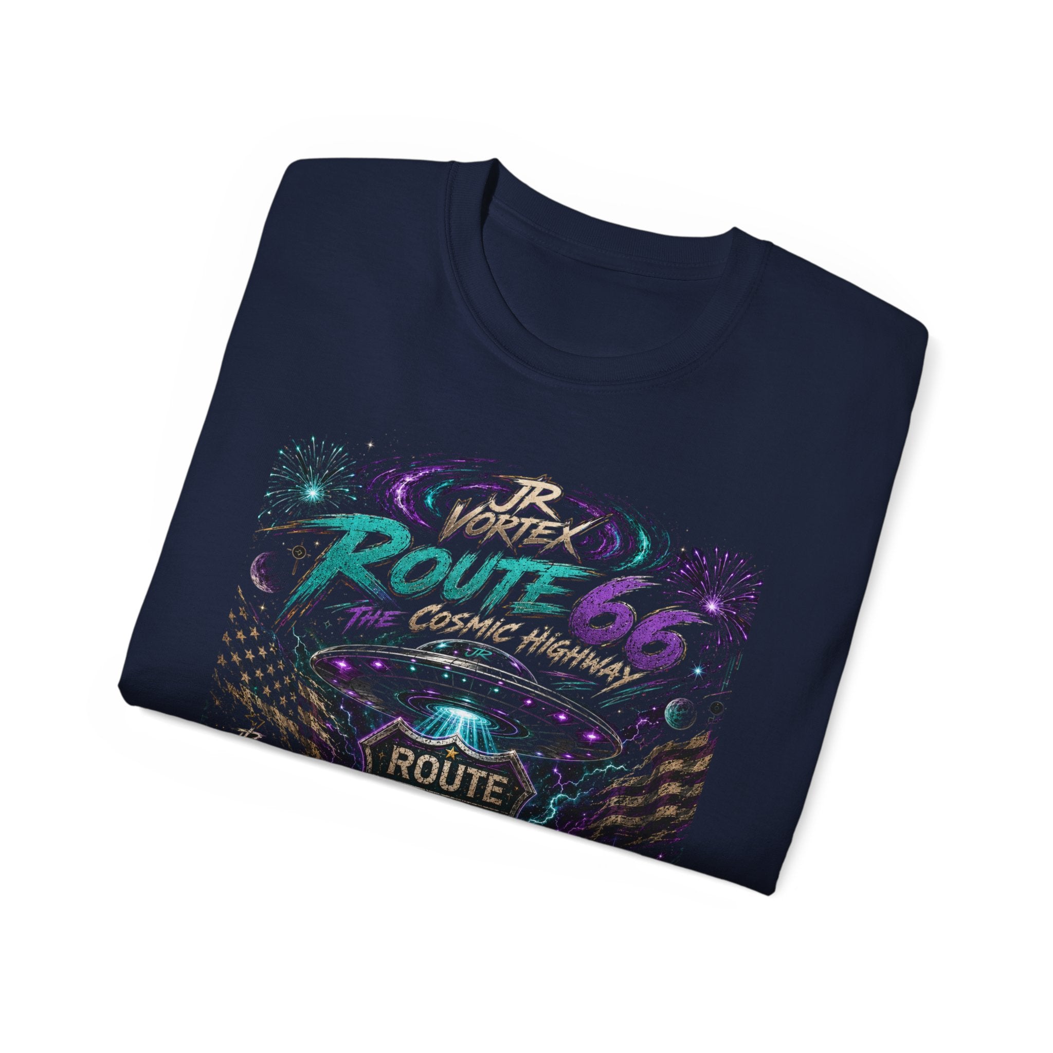 Route 66 Cosmic Highway Tee – JR Vortex UFO Neon Graphic T-Shirt