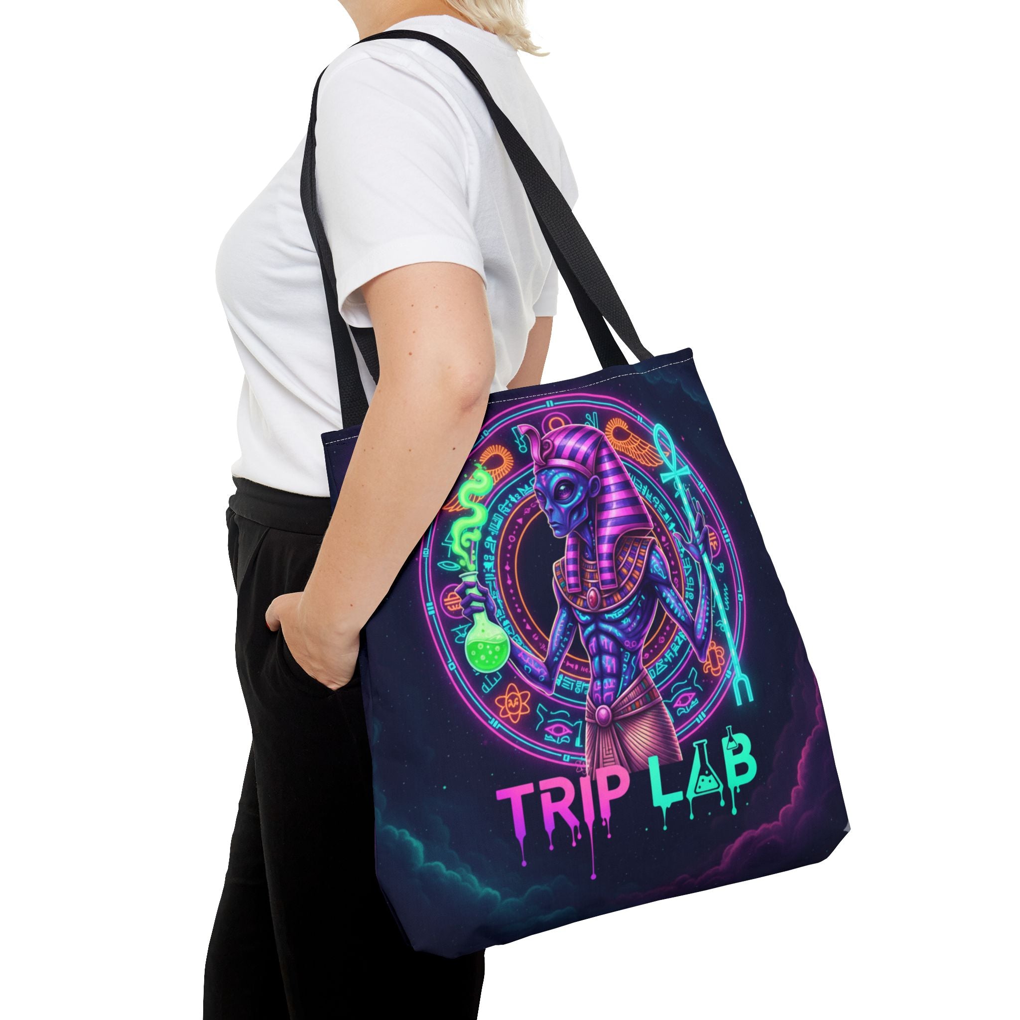 Psychedelic Trip Lab Tote Bag — Neon Ancient-Egypt Anubis All-Over Print