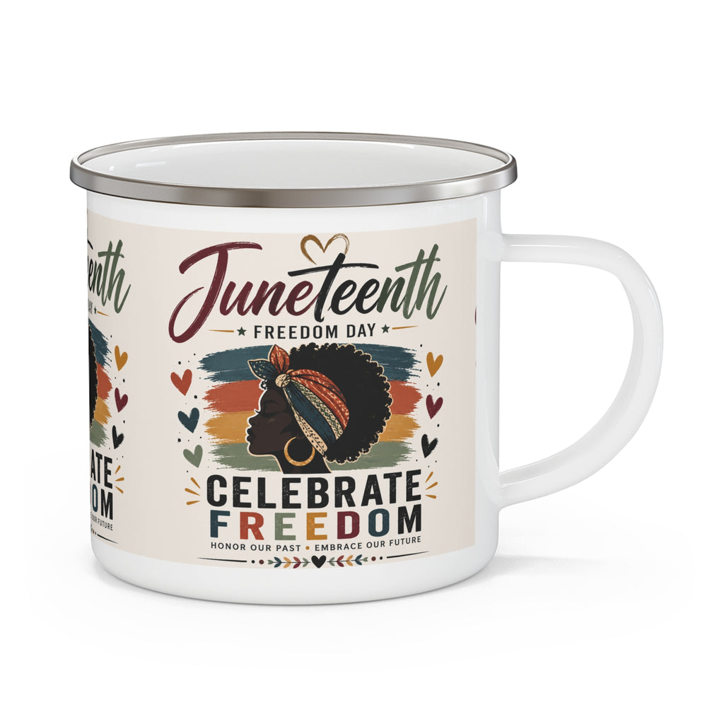Juneteenth Enamel Camping Mug — "Celebrate Freedom" Retro Afro Pride Design