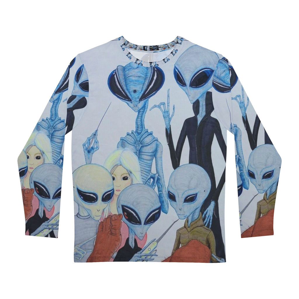 Alien Party Men's Long Sleeve Shirt, Cool Graphic Tee, Sci-Fi Fan Gift, Unique Casual Wear, Outer Space Design, Unisex Apparel