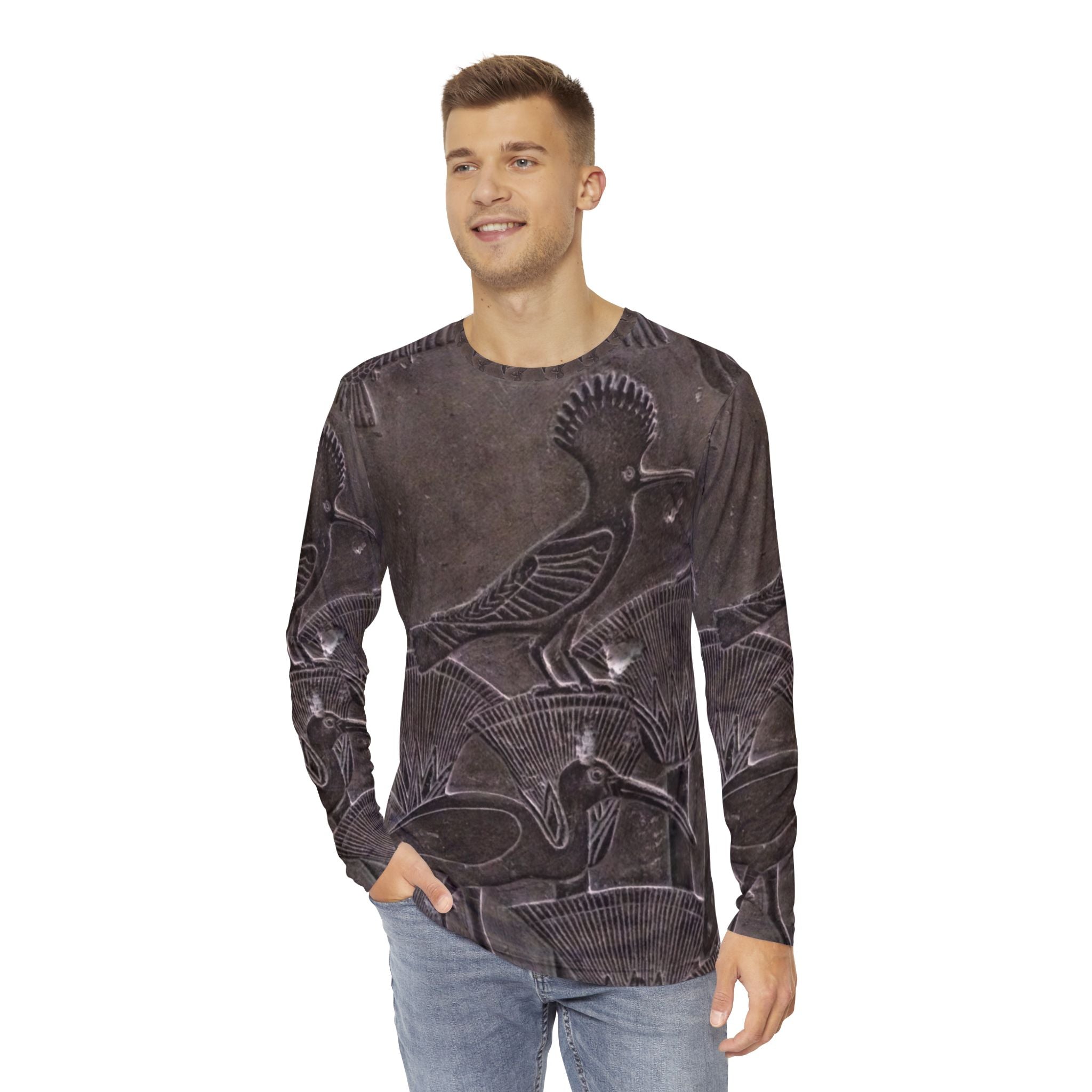 Men's Long Sleeve Nature Print Shirt, Unique Gift for Nature Lovers, Perfect for Casual Wear, Eco-Friendly Fashion, Bird AOP Tee