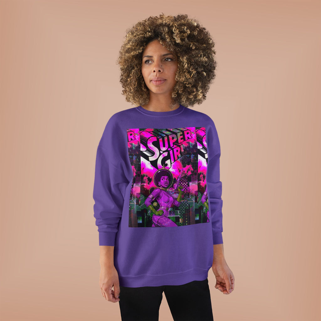 Super Girl Crewneck Sweatshirt — Retro Neon Comic Graphic