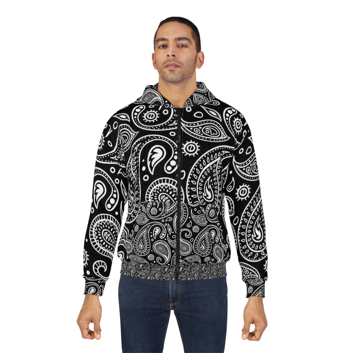 Black Paisley Bandana Zip Hoodie (AOP)