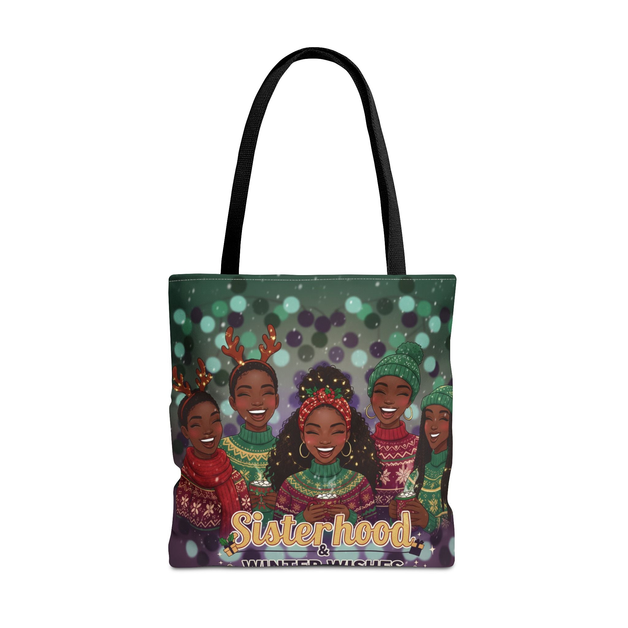 Sisterhood Winter Wishes Holiday Tote Bag — Festive Afrocentric Christmas Market Bag🎄