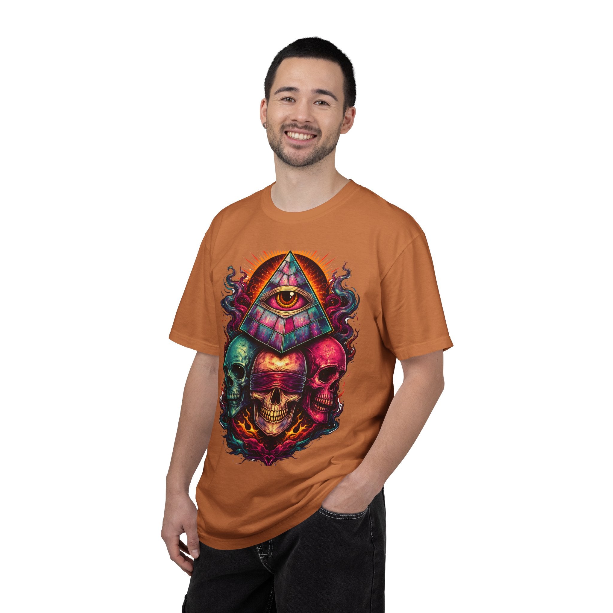 T-Shirt — Psychedelic All-Seeing Eye & Triple Skulls Graphic.       💀 i got make tags for for this Printify