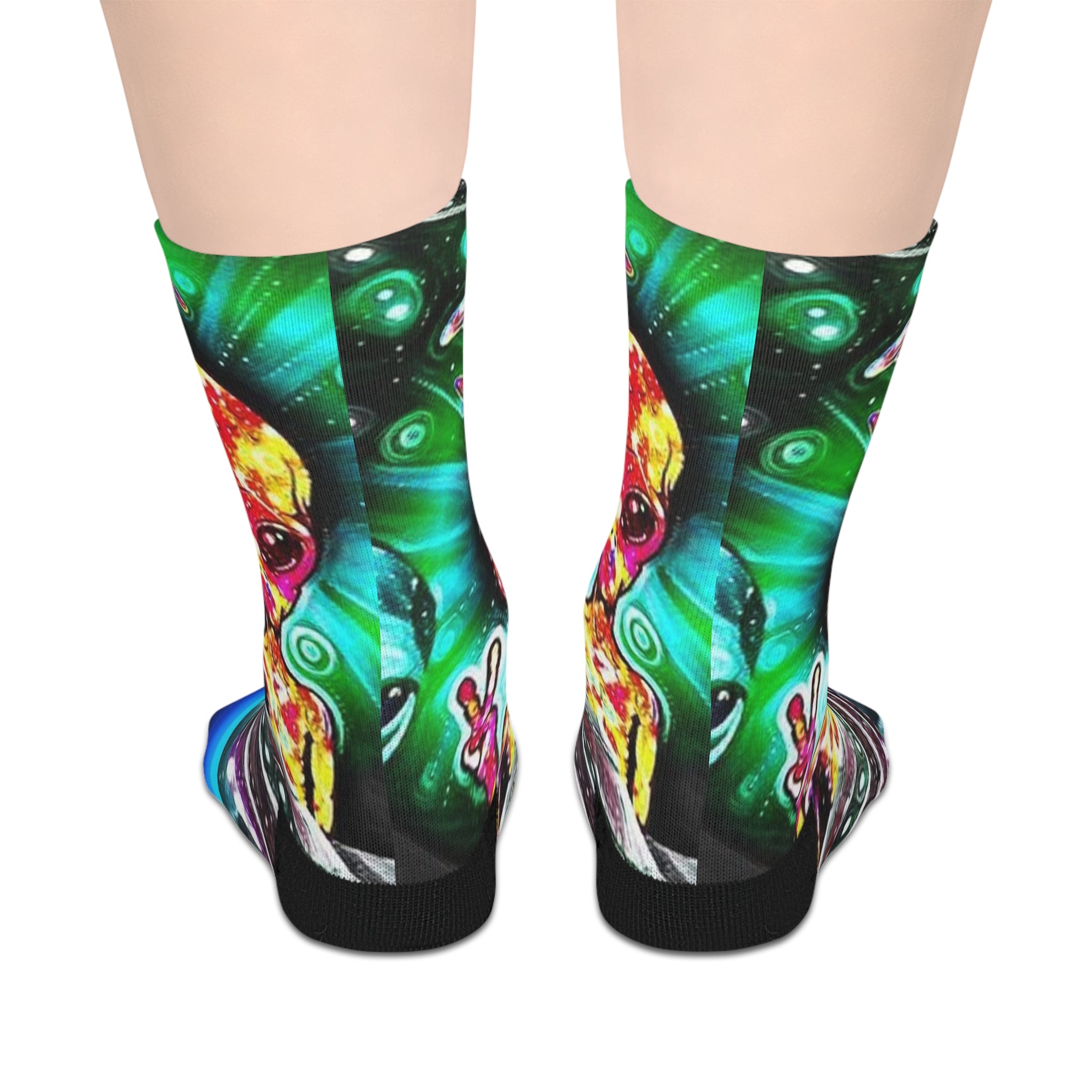 Psychedelic Space Alien Mid-Length Socks — Colorful Cosmic Trippy Design