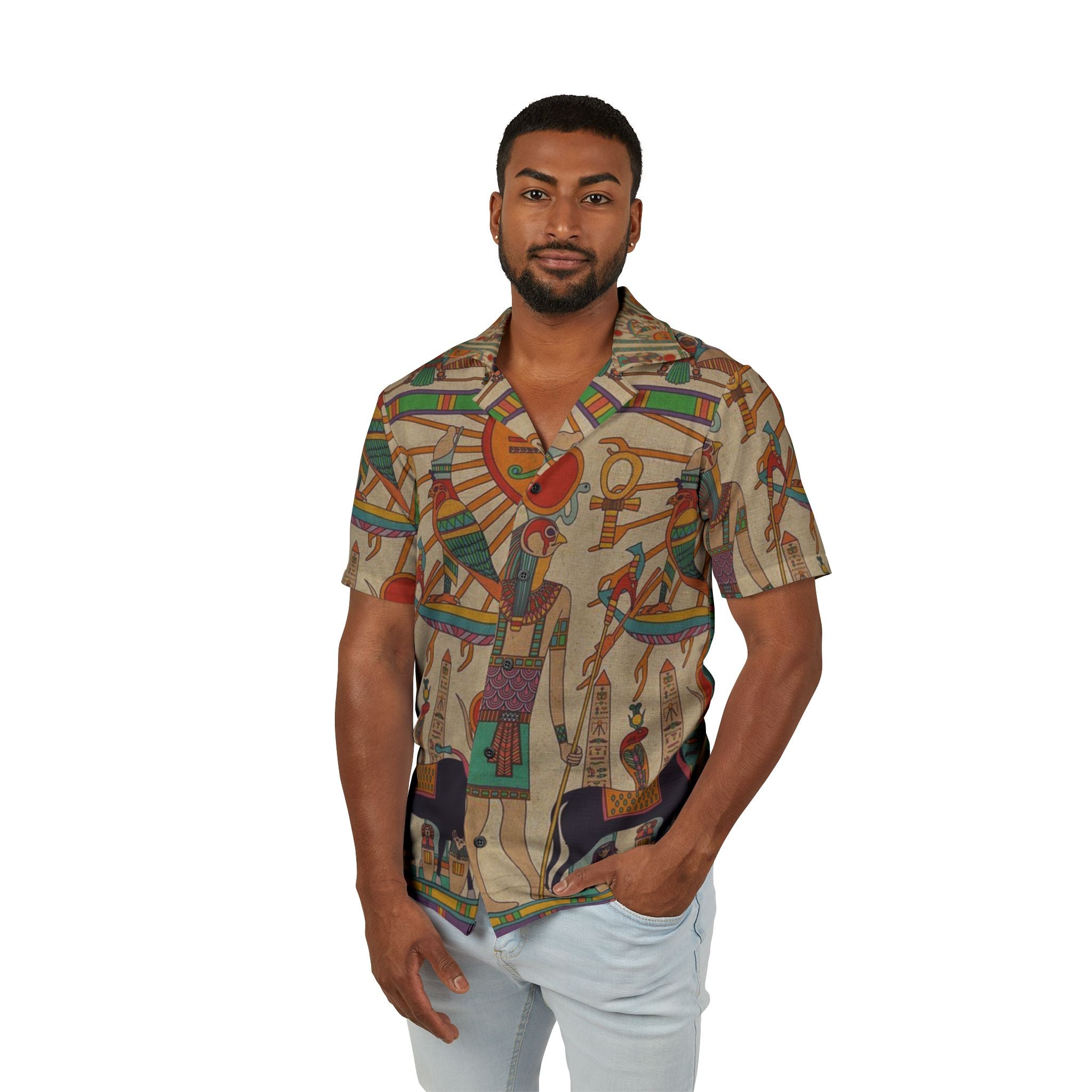 Men's Egyptian-Themed Camp Shirt, Summer Shirt, Vacation Attire, Bohemian Style, Beach Wear, Casual Top, Festival Outfit