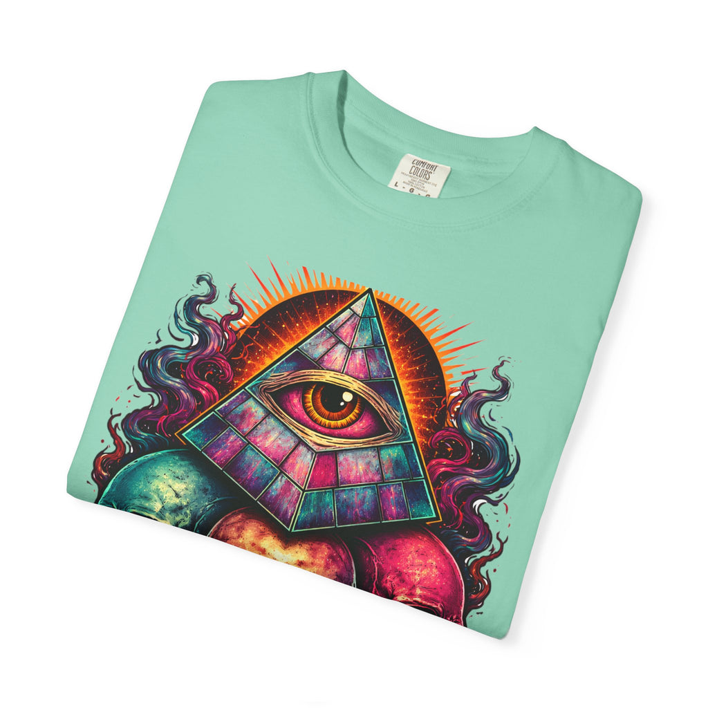 T-Shirt — Psychedelic All-Seeing Eye & Triple Skulls Graphic.       💀 i got make tags for for this Printify