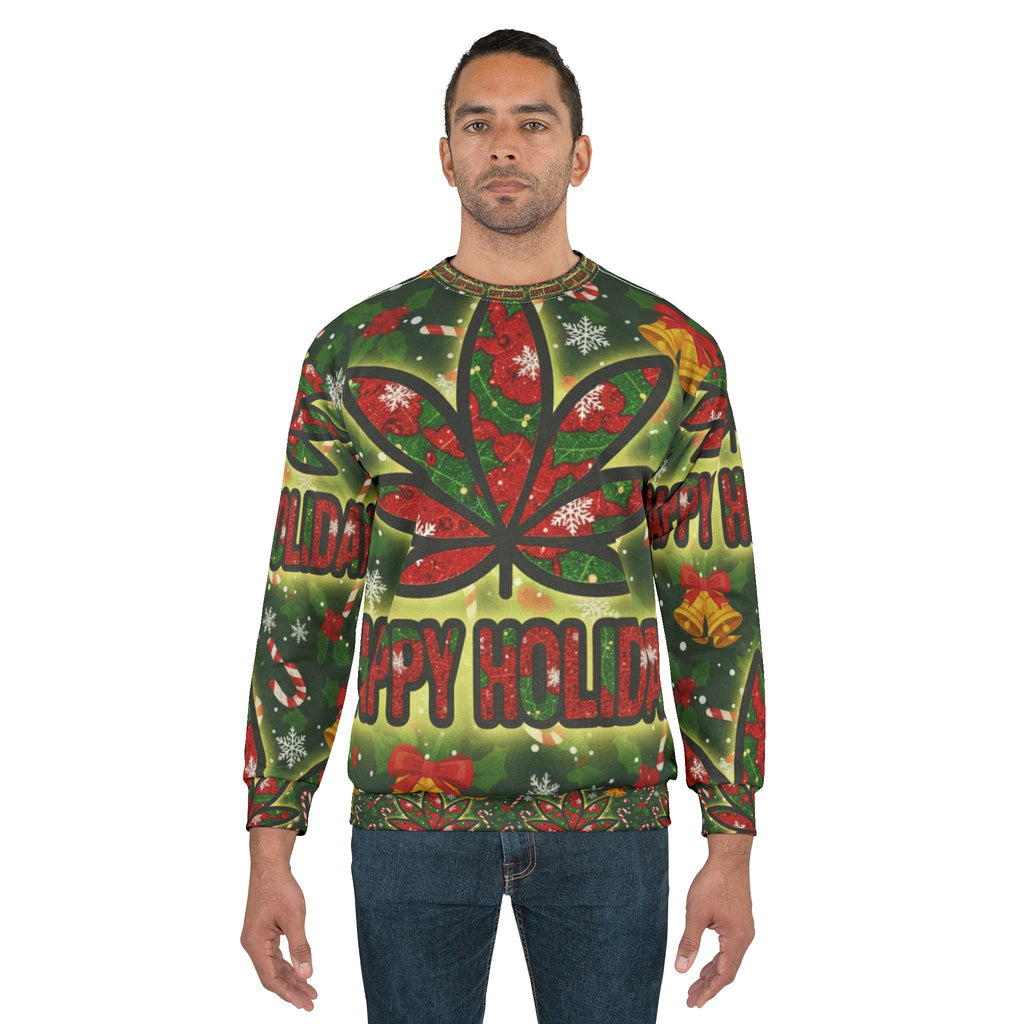 Holiday Cannabis Leaf Sweatshirt – "Happy Holidays" All-Over Print