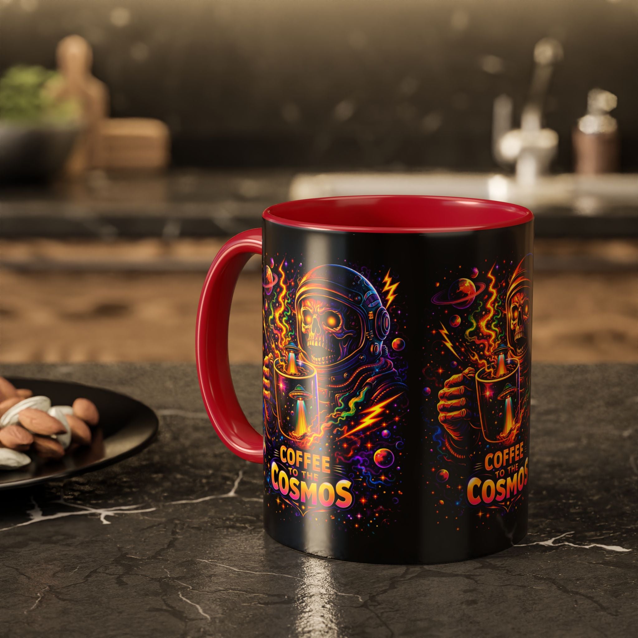 Coffee to the Cosmos Mug — Neon Space Skull Coffee Mug (11oz/15oz) Printify