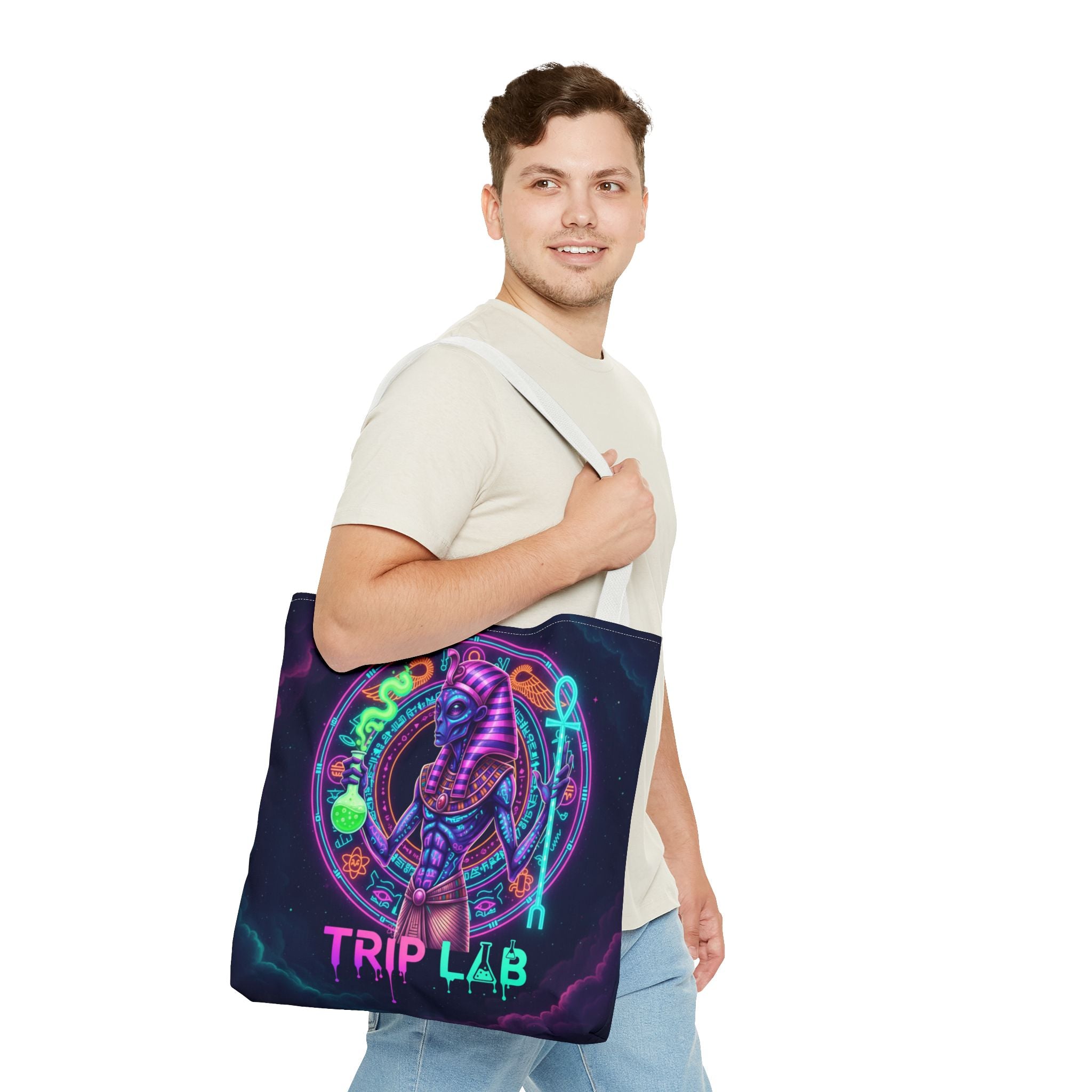 Psychedelic Trip Lab Tote Bag — Neon Ancient-Egypt Anubis All-Over Print