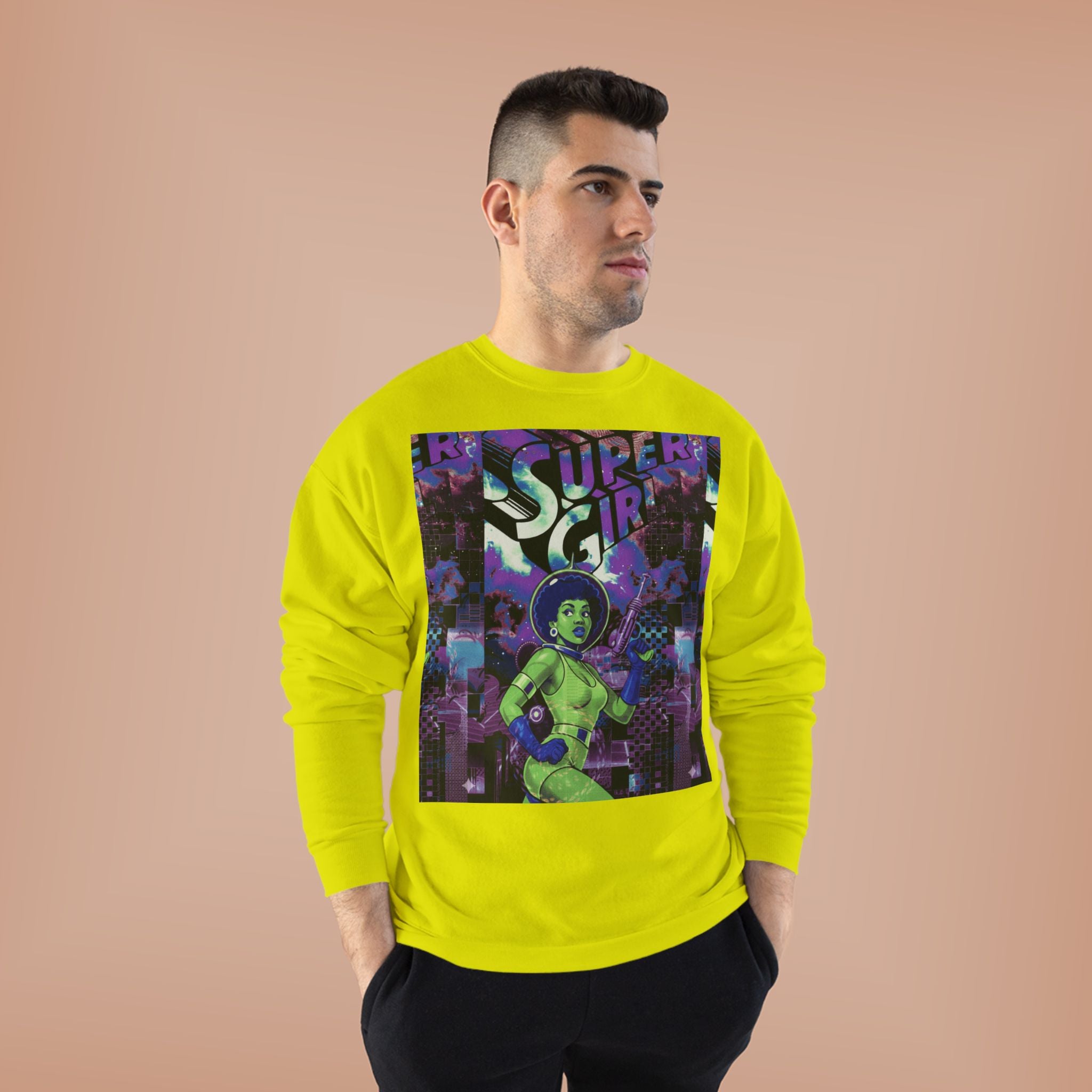 Retro Sci‑Fi 'Supergirl' Graphic Sweatshirt — Neon Space Comic Crewneck